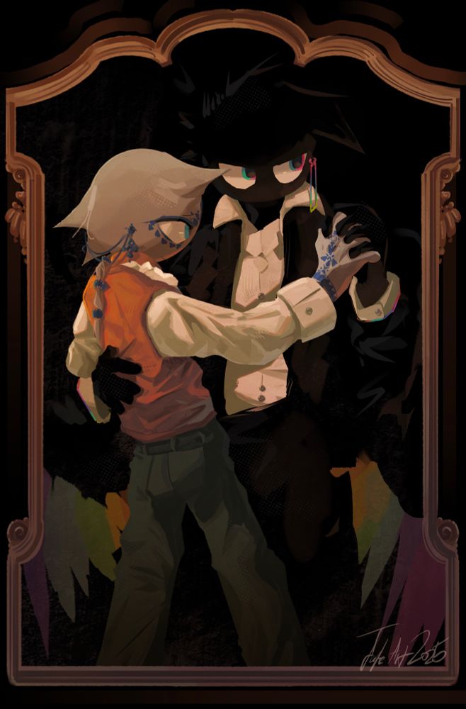 Altai and Maji in formal wear, leading each other on in a dance. They are enclosed by a frame like an old timer painting, forever preserving the night of warm nostalgia they are having.