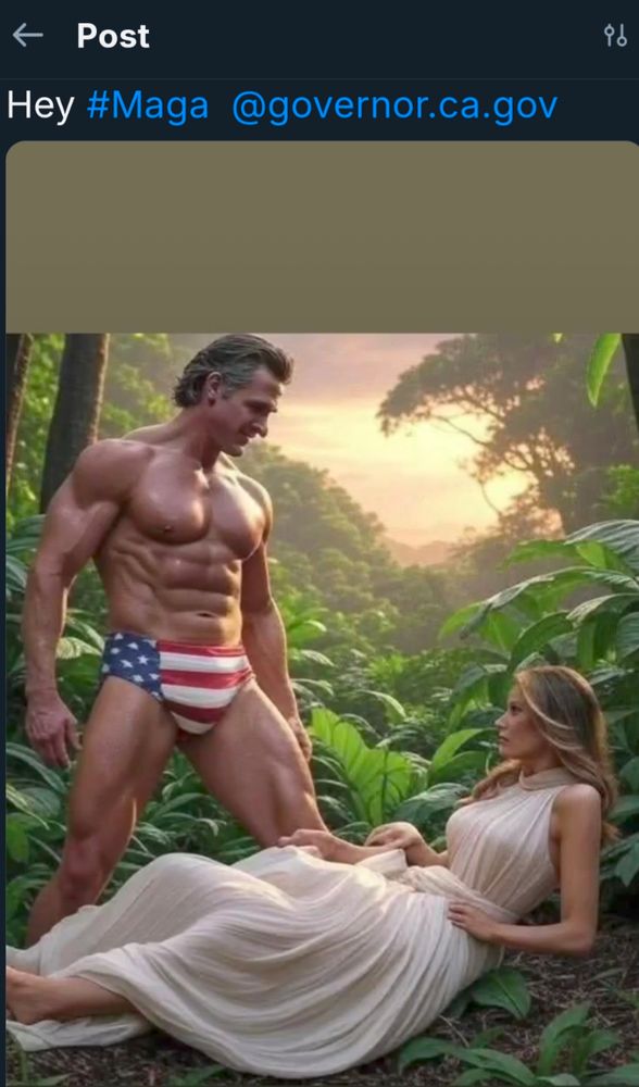 Buff, tan male human with six pack abs and an ample package housed in US flag briefs gazes lustily at a woman lying on the ground clad in white nightgown that drapes well. She appears to be Slovenian. He appears to be Californian. Much lush vegetation surrounds them and a view of the sunset is in the distance.