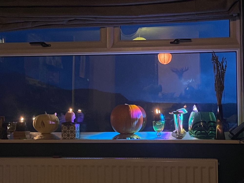 Window looking out into mountains during night with window sill with pumpkins and ambient light
