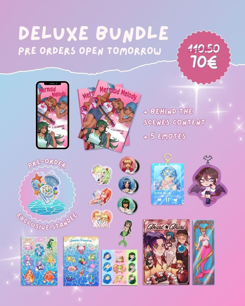 mock up of mermaid melody zine and related merch pastel pink and purple gradient background