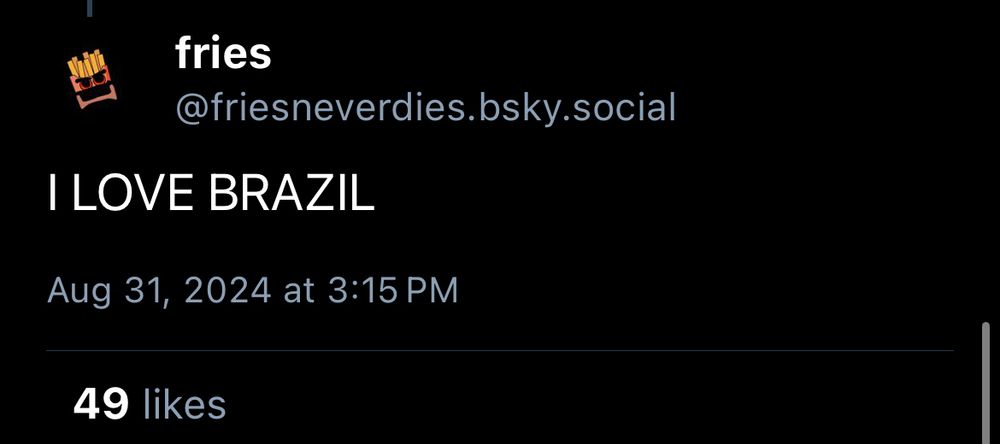 @friesneverdies.bsky.social:
I LOVE BRAZIL
49 likes