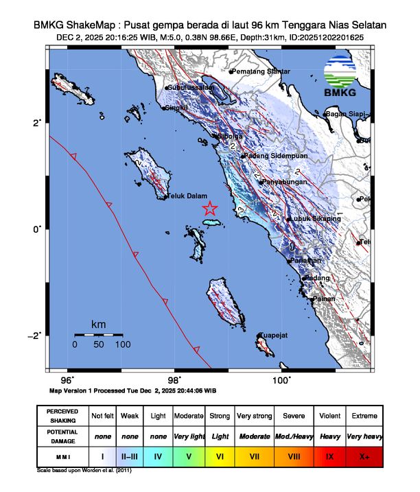 informasi gempa: Pusat gempa berada di laut 96 km Tenggara Nias Selatan