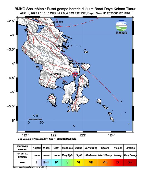 informasi gempa: Pusat gempa berada di 3 km Barat Daya Kolono Timur