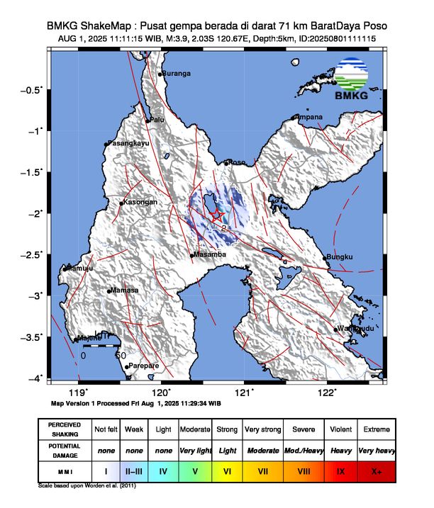 informasi gempa: Pusat gempa berada di darat 71 km BaratDaya Poso