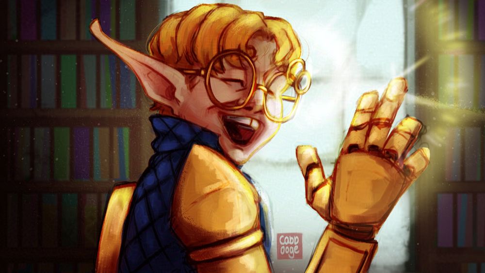 A gnome backlit by a bright window, bookshelves out of focus on both sides of them. The sunlight flares off their glasses and their gold-plated prosthesis as they look over their shoulder with a large, gap-tooth smile and their eyes shut. They're ginger and wear a dark blue gambeson.