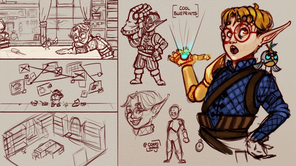 A series of sketches of the same character - a gnome artificer, with short ginger hair, a blue gambeson, and a gold prosthesis. On the left is a series of three landscape images: all in their office, showing them inside of it, a red-string wall, and an isometric view of the room. On the right hand of the image is a series of sketches of the character on their own, the main of which is a colour image of them looing up and holding out their prosthesis which projects an 'image' that reads "cool blueprints"