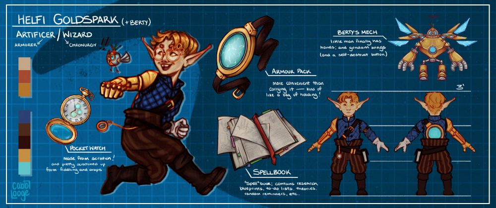 A reference sheet made to look like blueprints of a gnome character named Helfi Goldspark. The spread includes a full body drawing of them jumping through the air and is surrounded by some of their items: a pocket watch captioned "made from scratch! and pretty scratched up from fiddling and drops"; a gold and blue armour pack they strap to their back captioned "more convenient than carrying it - kind of like a bag of holding!"; their spellbook captioned "'spell'book; contains research, blue prints, to-do lists, theories, random reminders, etc."; and  a small golden mech for their companion Berty captioned "little man finally has hands; and gundam wings (and a self-destruct button)."
Finally, in the bottom right there is a flat-colour front and back view of Helfi in an A-pose, labelled to show they are three feet tall.