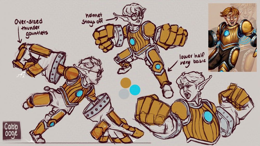 A series of sketches of a ginger gnome clad in golden half-plate armour. The middle of the cuirass has a bright blue gem embedded into it; the leg armour consists of simple greaves and plating for the thigh; and the main part of the armours silhouette is a pair of large, oversized gloves/gauntlets. The poses, left to right are: them launching themselves in a run; stood in a wide stance with their fists raised in defence; and from the waist up with their fists bared at either side, looking over they shoulder and yelling.