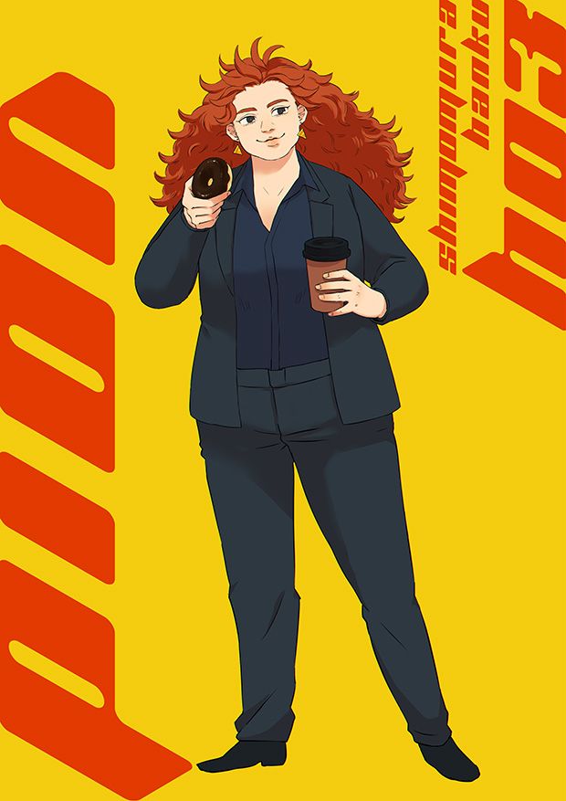 赤っぽいオレンジのボリューミーな髪を持ったふくよかなブラックスーツの女性　ドーナツとコーヒーを持っている