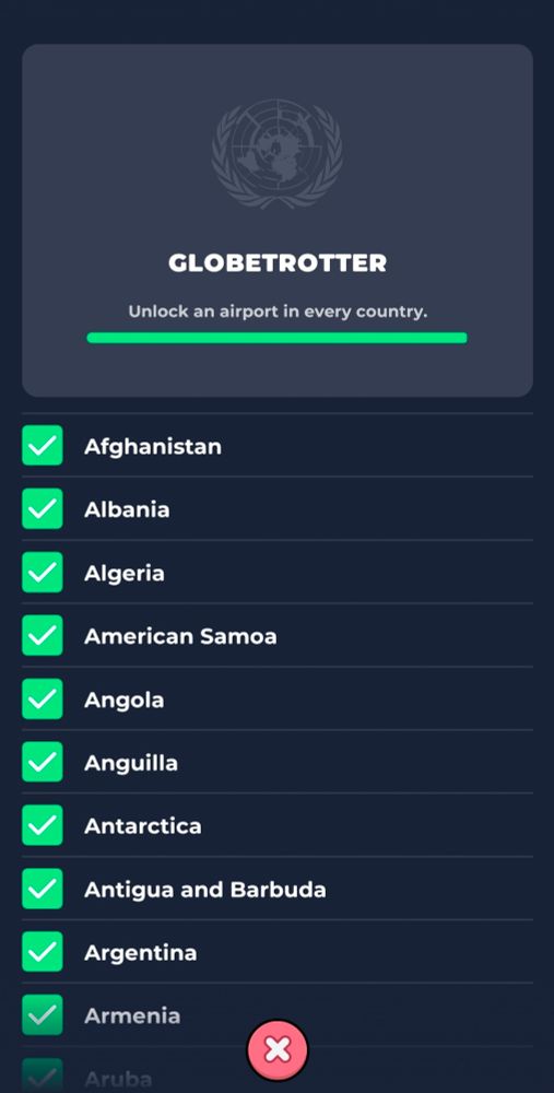 screenshot from Skycards of the Globetrotter achievement, top of the alphabetical list of countries