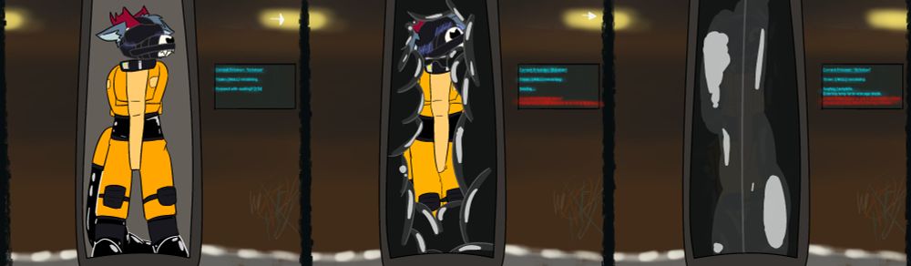 Three slides of Itchyban decked out in bondage and slowly getting compressed into a rubber pod to be locked away for an unknown duration.