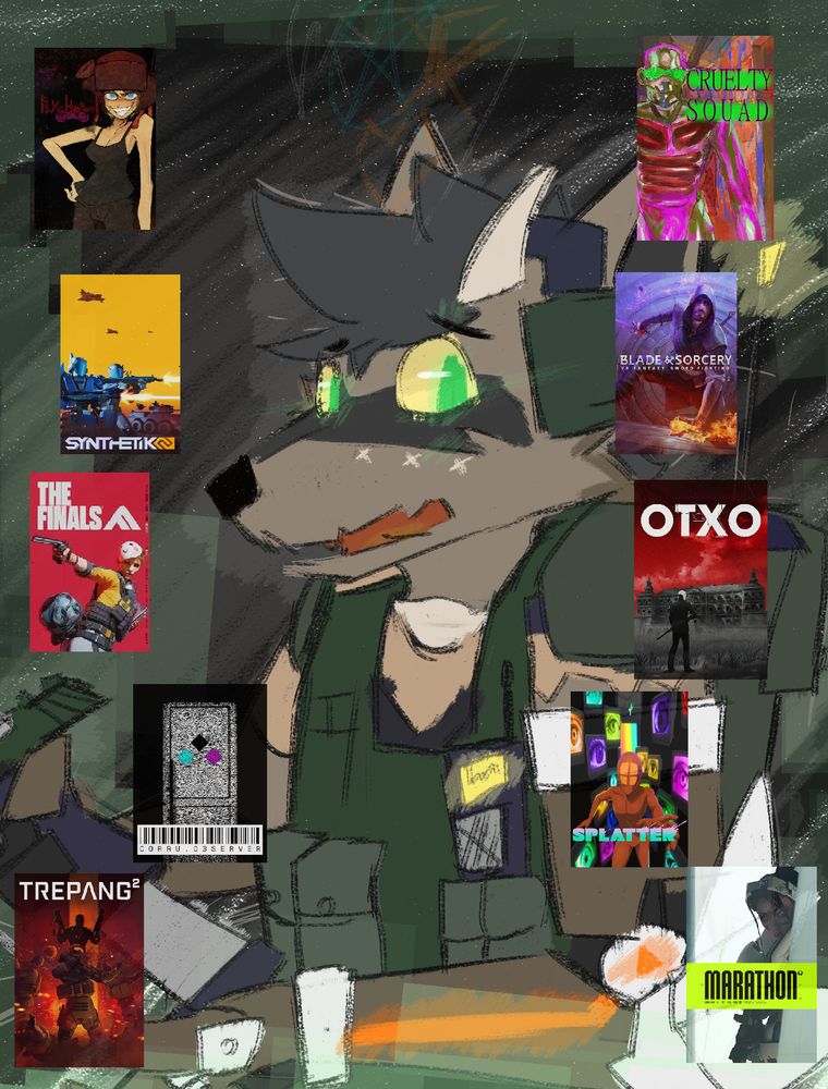A concerned Foster reloading a gun. Listed are the games from top left to right: PSYCHOPOMP GOLD, CRUELTY SQUAD, SYNTHETIK 2, BLADE&SORCERY,THE FINALS, OTXO, CORRU.OBSERVER,SPLATTER,TREPANG2,MARATHON.
