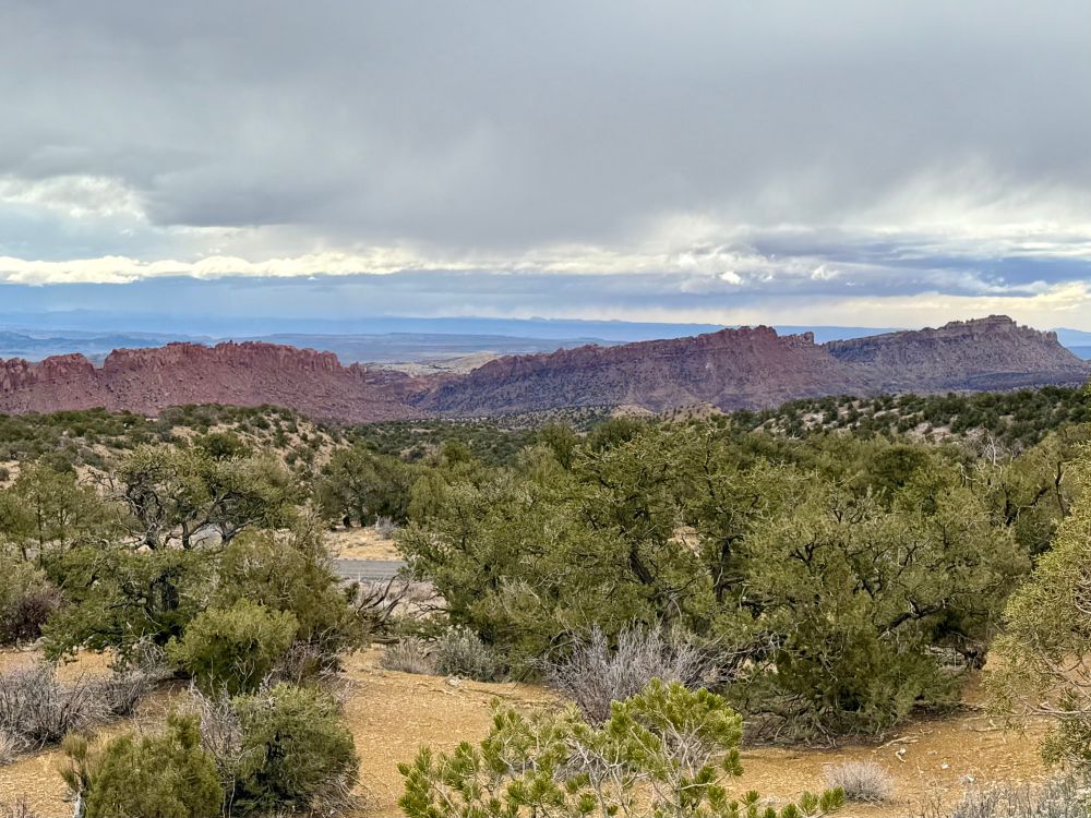 Looking out into an oncoming snowstorm above the Waterpocket Fold