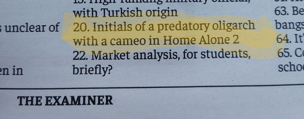 crossword clue: initials of a predatory oligarch with a camera in home alone 2
