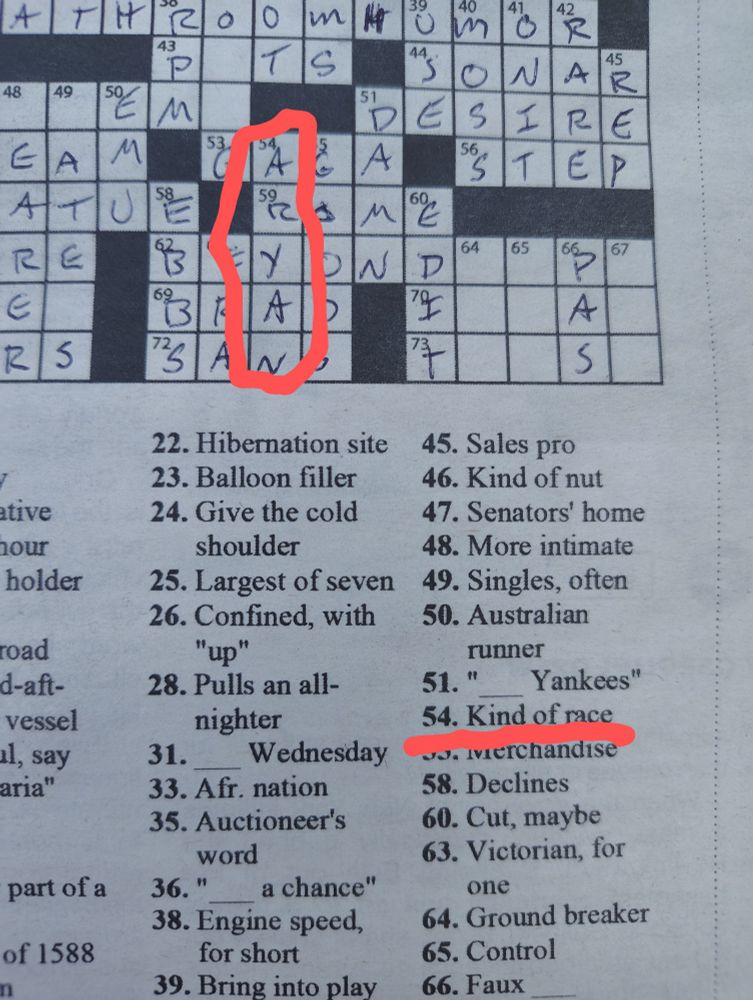 crossword showing a clue "kind of race" and the answer being "aryan"