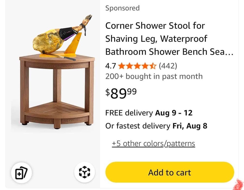Amazon listing for corner shower stool for shaving leg. i photoshopped a leg of ham on the stool 