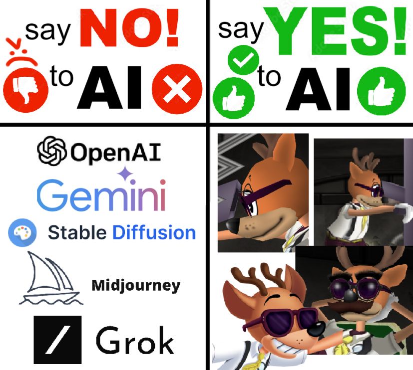 a white image is divided into 2 columns. in the left column, the title says "say NO to AI" with the logos of various AI models and generators underneath (open AI, gemini, stable diffusion, midjourney, grok). in the right column, the title says "say YES to AI" with various images of an NPC named Ai Spai from the game Toontown Rewritten
