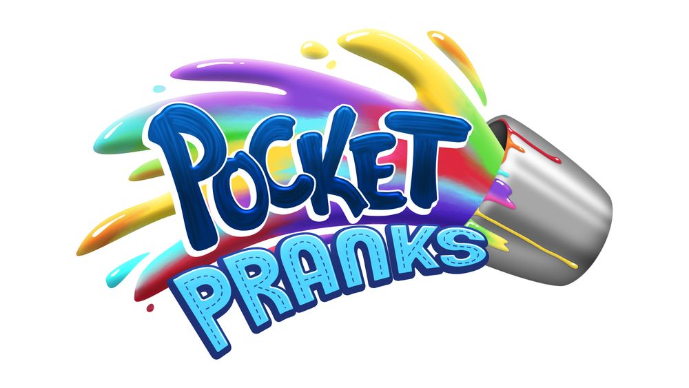 a colorful logo that says "pocket pranks." "pocket" is written in a dark blue, paint-like font with a white outline. "pranks" is in a light blue font with stitching down the center of the letterforms. behind the words, a silver paintbucket with rainbow paint splashes out