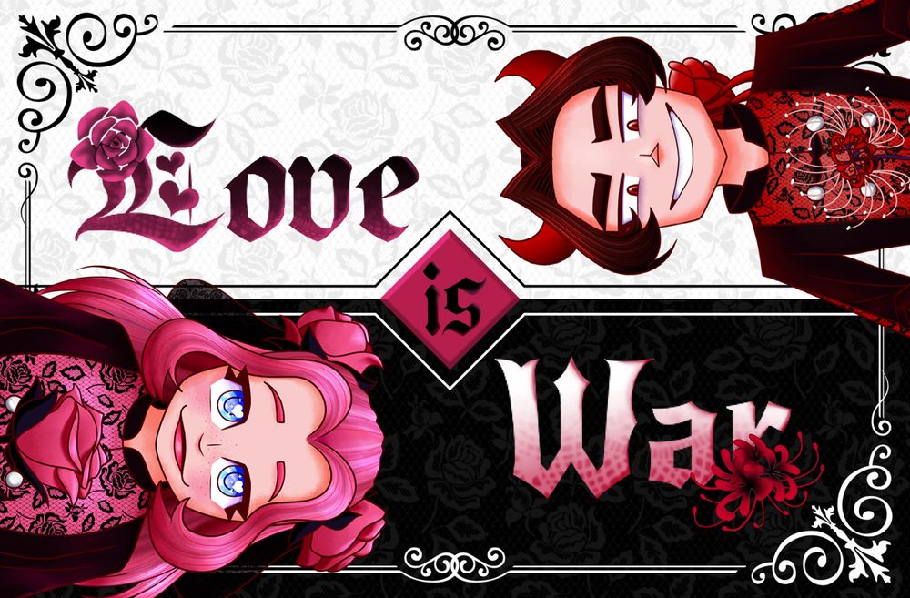 a better shot of the aforementioned postcard. on the left, a girl with blue eyes and long pink hair emerges from the left side of the postcard edge. she wears a black outfit with a patch of pink that has black lace overlaying it. she holds a pink rose. on the right, a boy is dressed in the same outfit, but tinted red instead of pink. he also wears devil horns and holds a spider lily. in the center, the text reads "love is war."