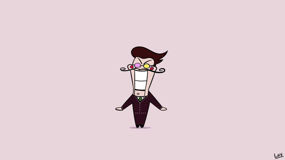 a small puppet-like figure in the center smiles widely. his hair is slicked back, and he wears pink and yellow alternate colored glasses. his mustache curls out to the sides of his face. he wearrs a brown button down suit with a green tie.