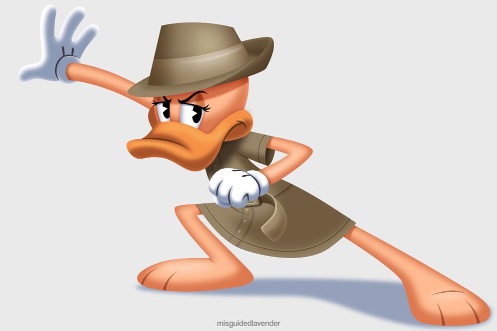 a cartoon duck on a white background. the duck has light orange skin and is wearing a tan detective outfit. the outfit is a button up dress with a belt and a fedora. she has a stance as if she is about to fight. she leans forward on one leg with the other leg off to the right. one hand is balled up in the fist in front of her while the other hand is extended behind her, fingers splayed. she wears an expression of ferocity with both eyebrows furrowed, glaring at the viewer. 
