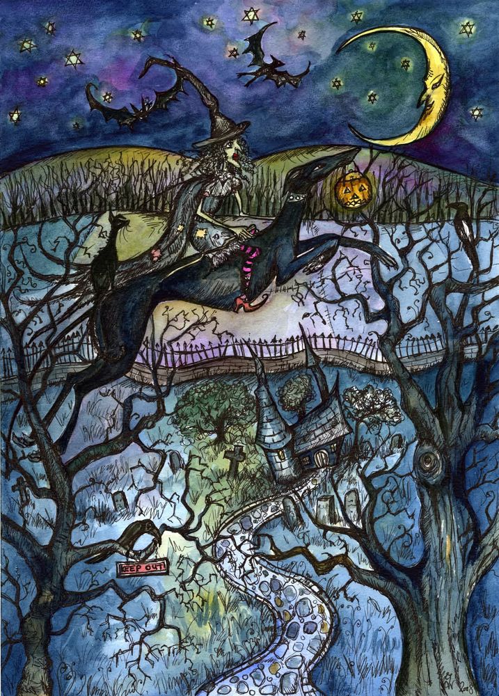 A spooky valley scene under a crescent moon. A slender witch flies through the air on the back of s black greyhound