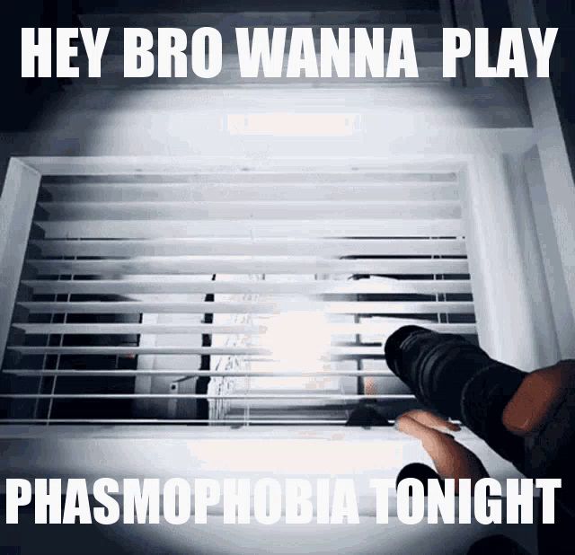 a person holding a flashlight in front of a window with the words hey bro wanna play phasmophobia tonight on the bottom