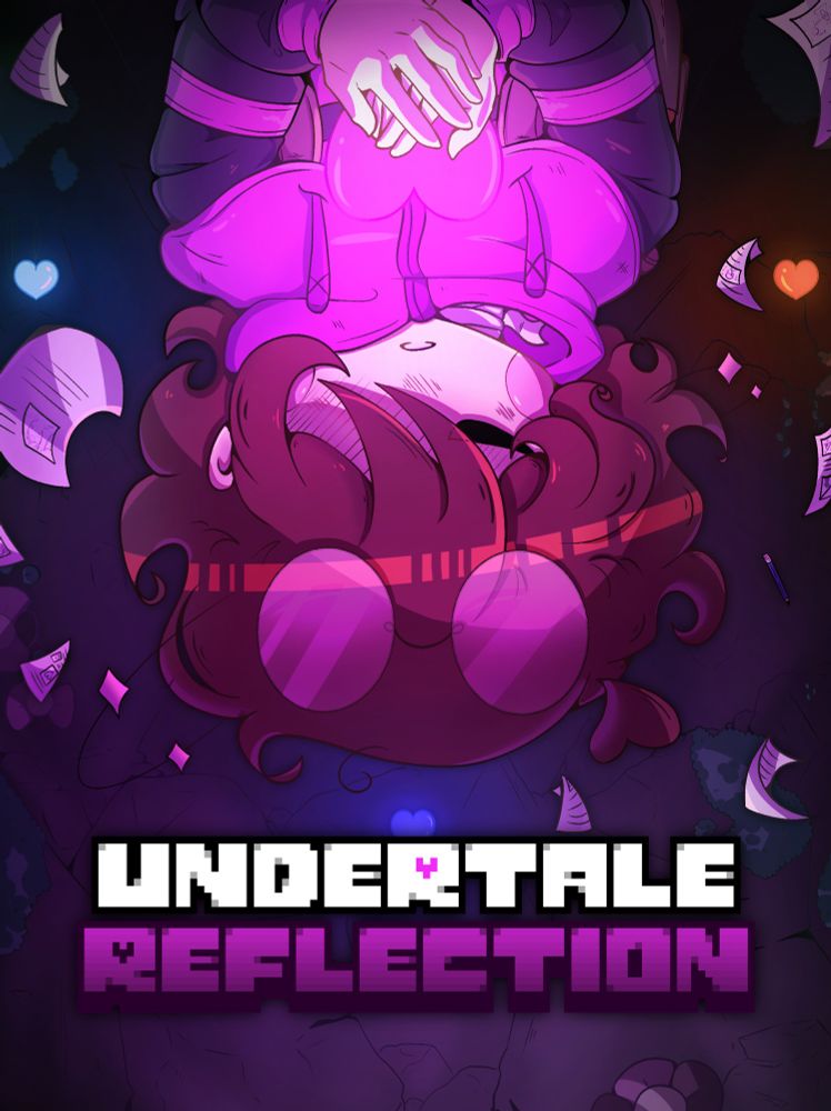 Undertale fangame cover. Title: Undertale reflection. It’s an image of the human child falling down, holding onto their soul. The boy has brown hair and purple and black sweater.