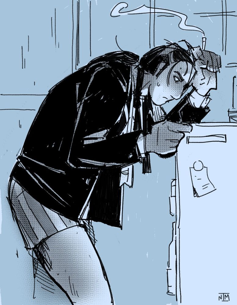 A monochrome drawing of Majima Goro from Yakuza 0 unwinding after work. He is shown in profile, leaning over an opened fridge, looking into it with a dissatisfied expression. He is wearing an opened suit jacket and dress shirt on his top half, and on his bottom half just boxer shorts. An undone bowtie and a hand towel are both slung around his neck. His hair is falling out of a ponytail, and his left hand is pressed against his temple and holding a lit cigarette.