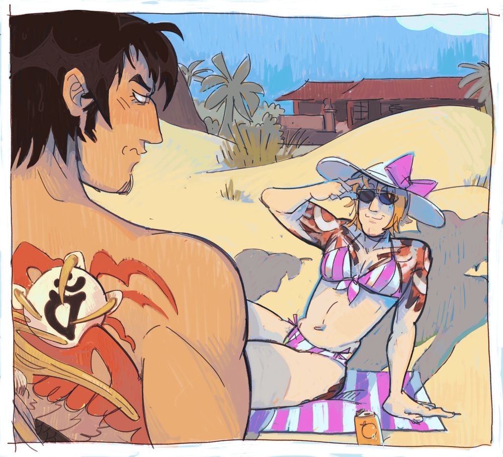 Digital drawing of Kiryu Kazuma and Majima Goro from the Yakuza game series on the beach in front of Morning Glory orphanage. Majima appears as his drag persona, Goromi, and is sitting on a beach towel in a blonde wig, sunhat and pink-striped bikini. Goromi is adjusting her sunglasses and smirking appreciatively at Kiryu, who is in the foreground with his back to "camera" and casting a flusterd and petulant expression over his shoulder. He is shirtless and his hair is wet.