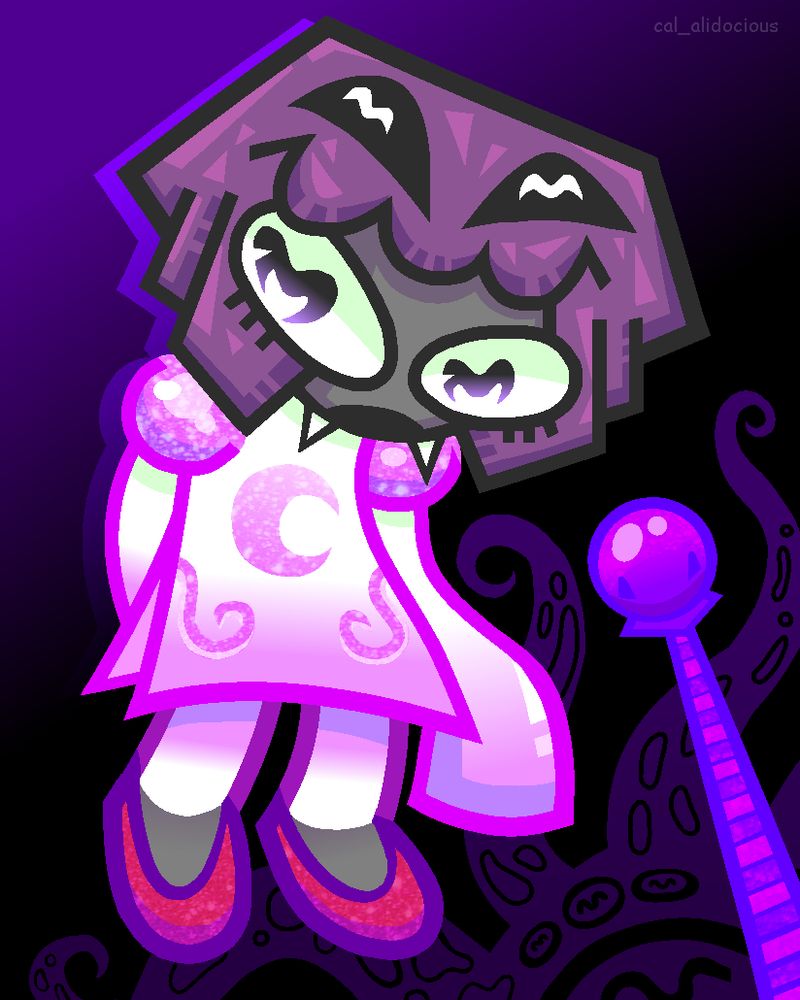 ly'lac from homestuck beyond canon on derse. she's wearing her white/purple dream pj's while floating in the abyss. in the background you can see a dream tower and a lurking horrorterror.