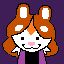 A pixel drawing of a ginger/white colored bunny person with equally ginger hair. they have a cute pink nose and are wearing a purple-ish sweater with a white fur collar with a black shirt underneath. They have an expression on their face that is happy but clueless. They are standing in front of a dark purple, perhaps plum, background.