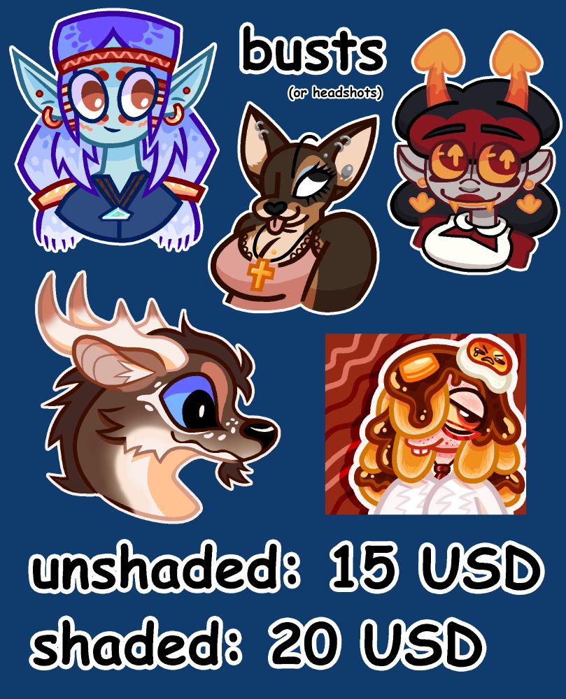 busts (or headshots) 
unshaded: 15 USD 
shaded: 20 USD