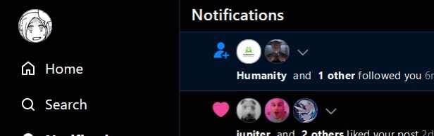 Print-screen of my notification feed showing an account named "Humanity" and that one 1 other account followed me
