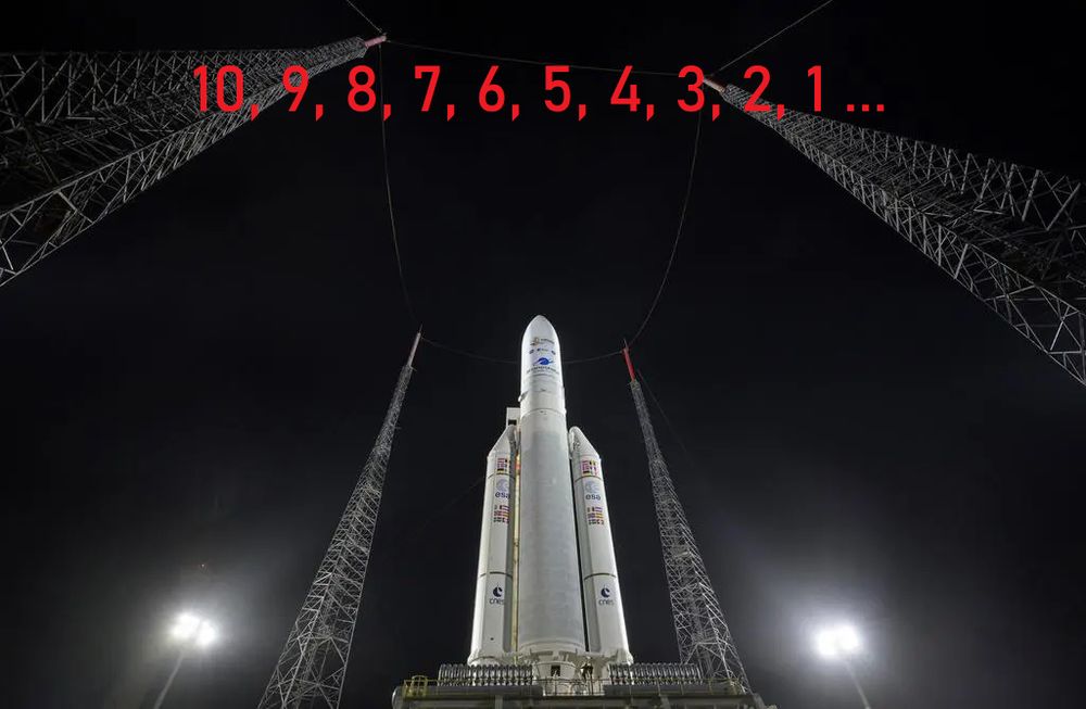 La fusée Ariane 5, surmontée du traditionnel et bientôt centenaire décompte final de 10 secondes. 