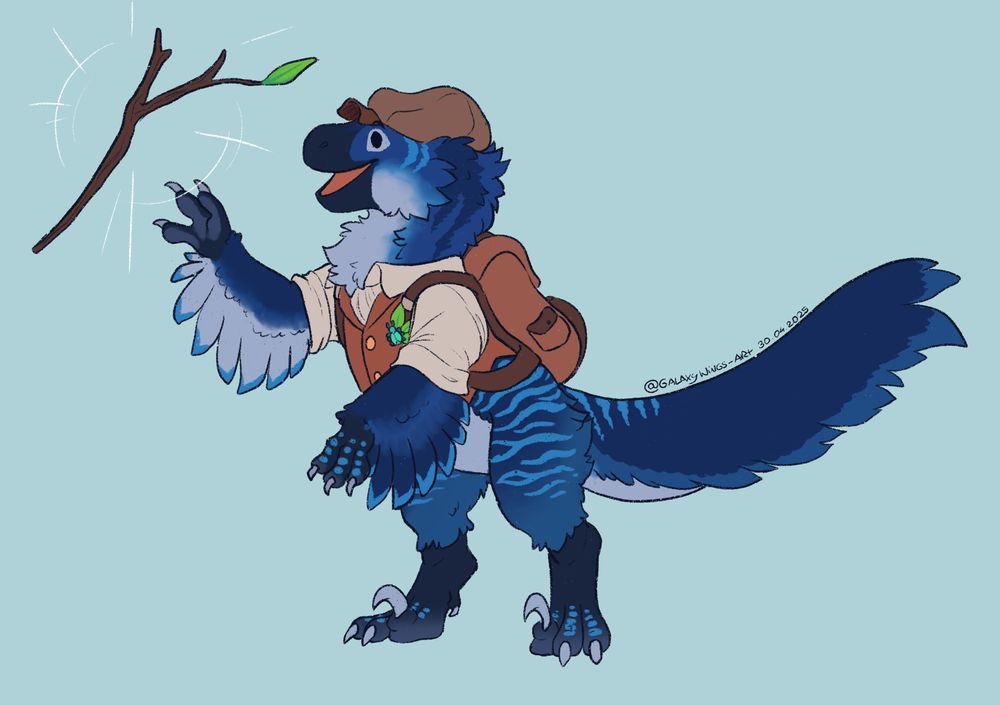 Hikaze, little sapphire utharaptor  with little brown hat, brown vest, cream shirt and brown back pack. Finishing his quest for a magic stick as he reaches out to grab it!