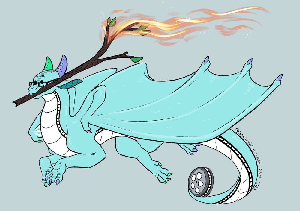Clipper, a sky blue artisan dragon with square glasses, a white filmstrip underbelly, and a film reel at his tail, is happily holding a stick from a tree. The stick is on fire.

~ALT text provided by Clipper himself! Thank you! :D

