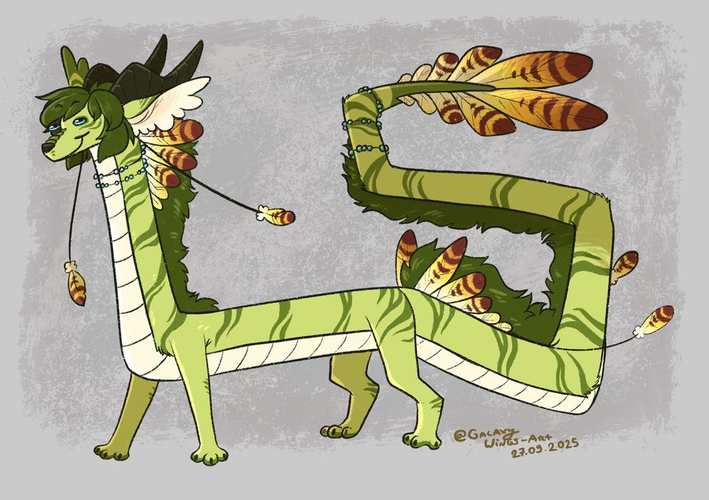Silly drawing of my oc Shun, very long and silly green noodle dragon 