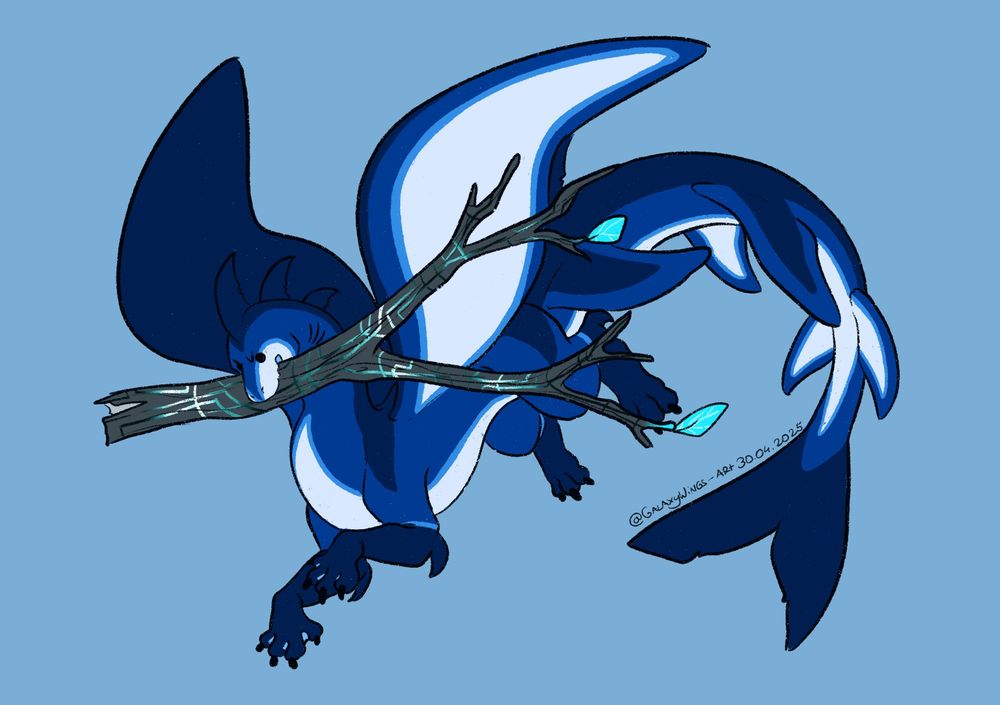 Byte, blue shark inspired draconic malware creature, with dark patterns going over his back, paws, tail tip and outer parts of his wing, with white patterns on his snout, underbelly and outer wings all separated from darker blue by a light blue stripe. He carries an oversized branch of a tree or maybe even a small tree, that at re native in his digital like world. 

Why he carries that tree and what for? Who knows.