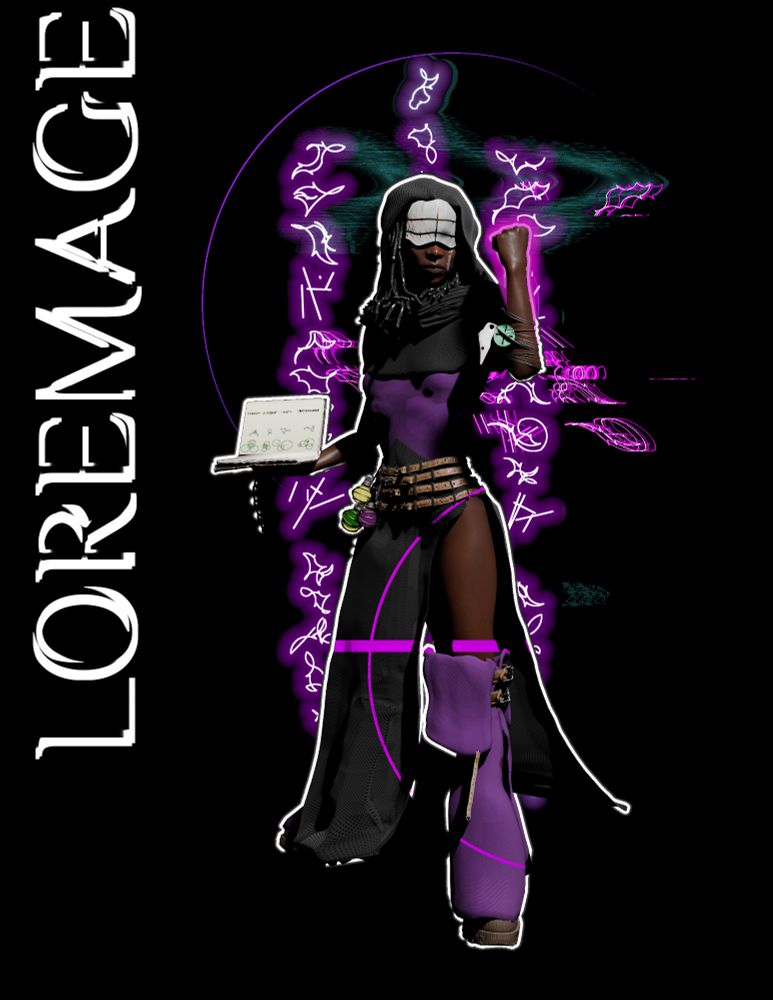 This character has a visor half mask rather than a full face mask. She also has her name tattooed under her left eye. The tropical island the game is set on makes fully enclosed clothing impractical or outright dangerous. She wears boots and a set of two piece strap on leggings. The top straps of the left legging set are unsecured and hanging down. The right legging is hidden behind the black belted on skirt thing. The Duelist has the same style of leggings, but actually strapped on properly. Also of note are the stacks of magical language behind her. The letters wouldn't be actually visible, but an Augur would be able see the aura of prepared spells floating around her. 