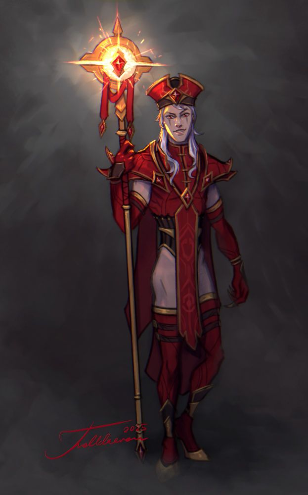 An inquisitor dressed in ornate red robes moves through fogs with a glowing staff, smiling to the viewer.