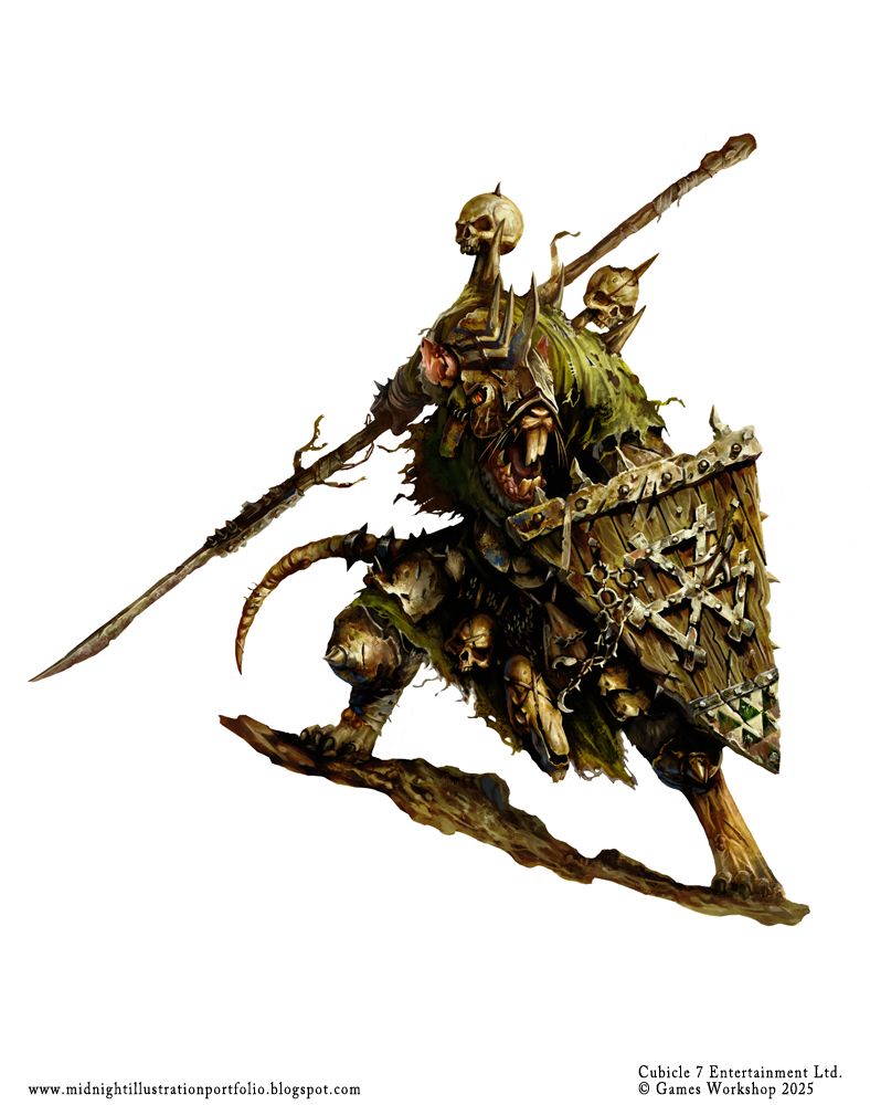 This Skaven takes a fighting crouch, his shield braced, his spear ready to strike, and his breath ready to drop a hippo at 50 paces.