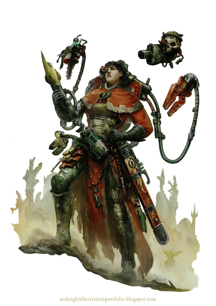 A Techpriestess looks down at the viewer. She holds xenotech in her hand, and more hangs from her belt. Beside her floats a lasgun-equipped servo-skull.