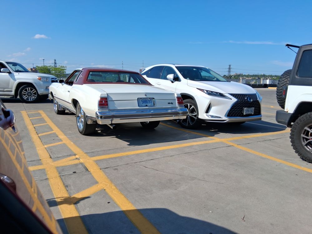 A mid-70s Chevrolet Monte Carlo in white with red vinyl roof parked beside a newer Lexus RX350, also in white.