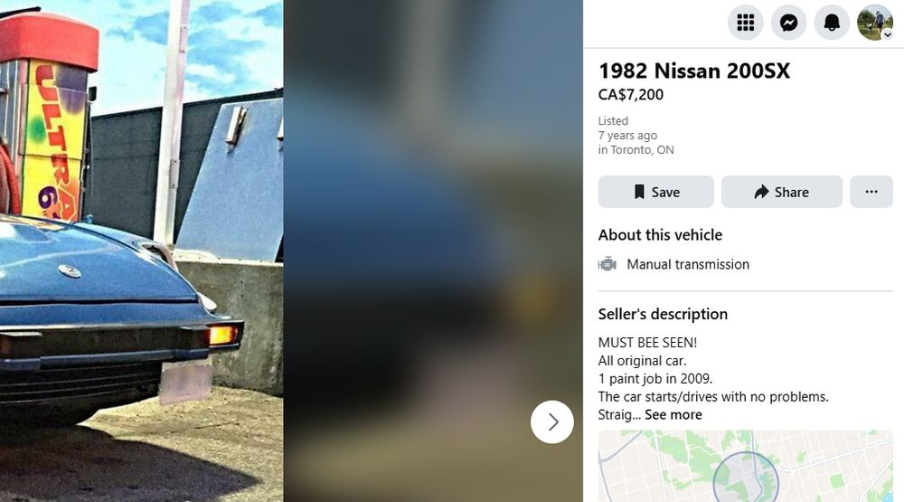 Portion of a Facebook Marketplace listing for a 1982 Datsun 280ZX (misidentified as a 200SX). Listing shows as posted 7 years ago.