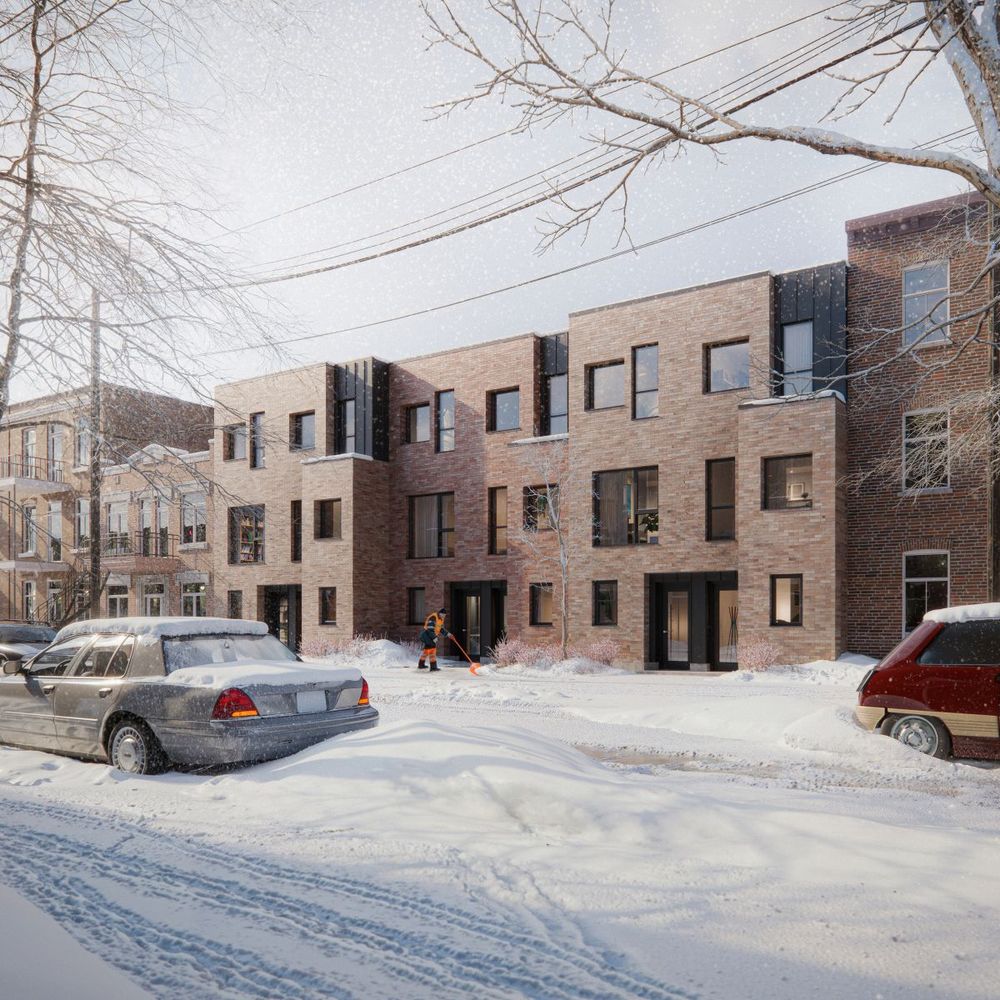 Rowhouse 01 for Quebec with a snow-covered Renault LeCar and Ford Crown Victoria parked on the street out front.