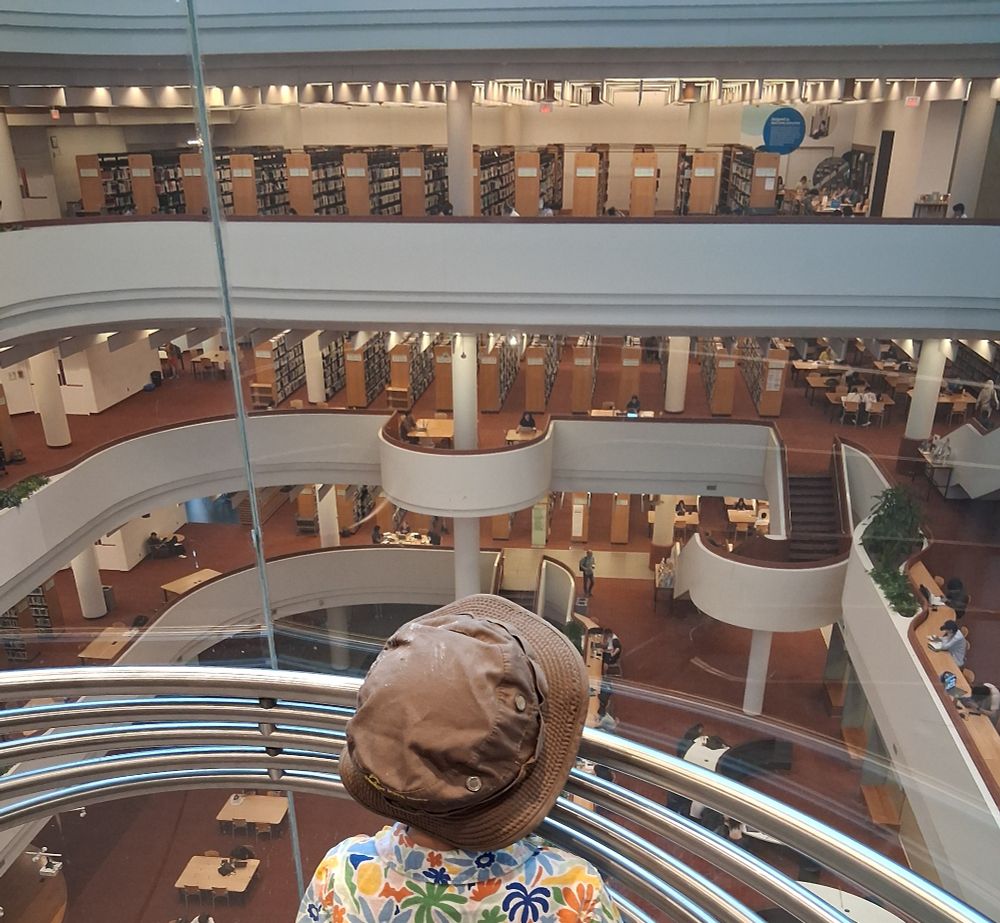 A child looking out the elevator at the atrium of the Toronto Reference Library