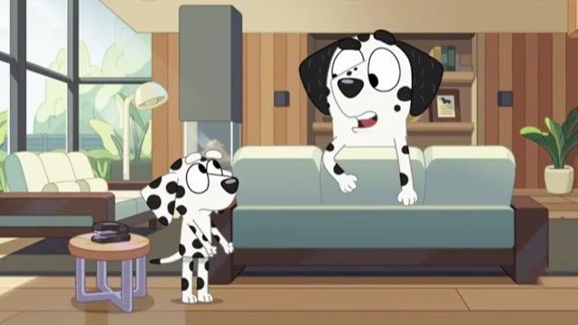 Chloe and Frank, two Dalmatians from the animated kid's show Bluey.