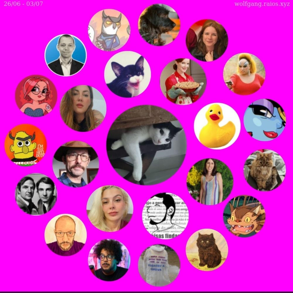 Fundo rosa com diversos avatares dos perfis que eu sigo e interajo aqui no bluesky