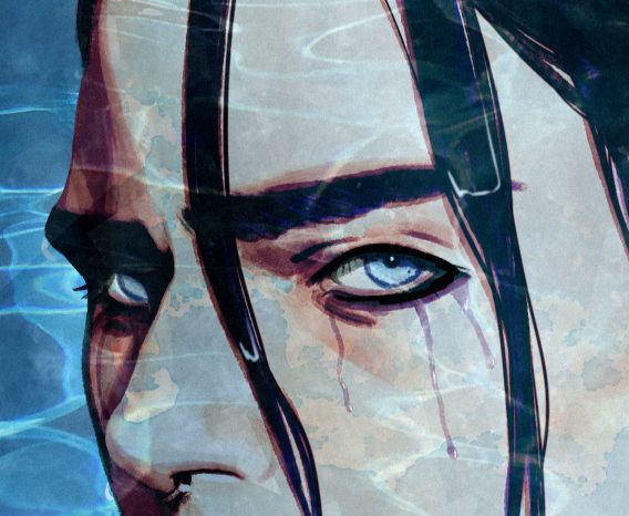 Cropped version of a digital painting of a man's eyes and nose. He has very pale blue eyes that stare intently at the viewer. His eyeliner is dripping down his face. He has a nose septum ring. His dark purple hair is splayed across his face wetly.